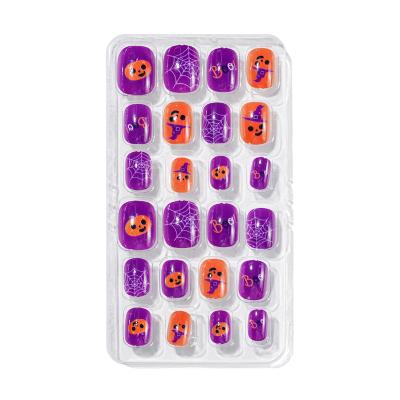 China Easy Apply Fake Nails For Kids 24Pcs Kids Nails Halloween Pumpkin Pre-Gum Kids Press On Fake Nails Stick For Kids for sale