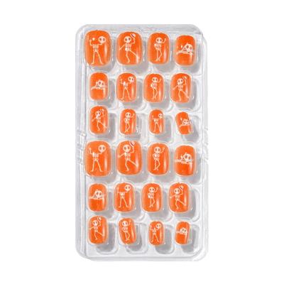 China Easy Apply Press On Kids Nails Girls Halloween Nails 24Pcs Skeleton Design Pre-Go Press On Kids Artificial Nails For Kids for sale