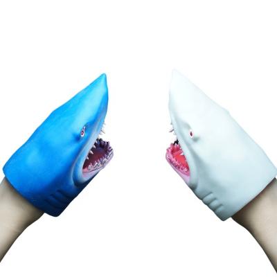 China Realistic Soft Rubber Shark Shape Puppet Kids Gifts Game Show Part Toys Stretchy Shark Hand Puppet Head Toys for sale