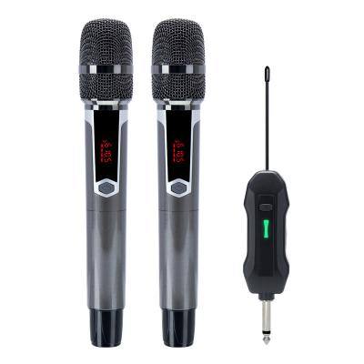 China Handheld Microphone Radio Dual Handheld Dynamic Rechargeable Microphone With Sound Card For Karaoke, Singing, Party, Church, Wedding for sale