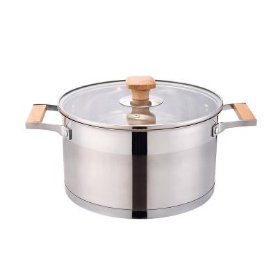 China T Shape Lidded Sustainable Glass Soup Pot Straight Body Cooking Pot Stainless Steel Casserole With Wooden Handle for sale