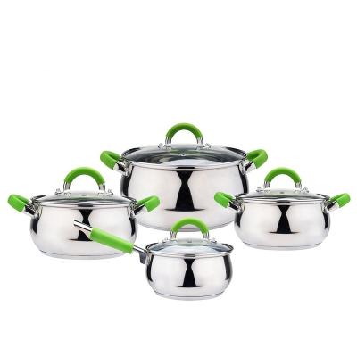 China Sustainable 8 Pcs Stainless Steel Casserole Belly Shape Set Cooking Pot With Green Silicone Handle for sale