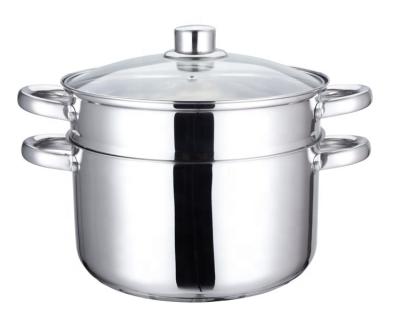 China Sustainable 2 Ply Stainless Steel Pot Stock Cooking Pot With Steamer And Glass Lid for sale