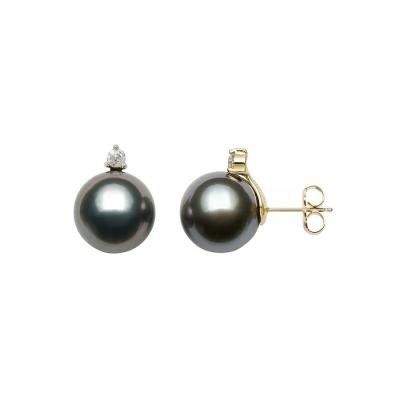 China Elegant Charming Exclusive Elegant 14k Yellow Gold Plated 925 Sterling Silver Tahitian Black Pearl and CZ Diamond Stud Earrings for sale