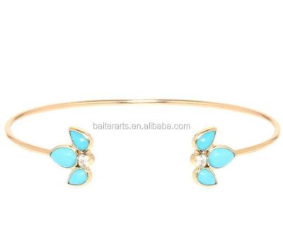 China Silver Gold Plated 925 Sterling Silver Diamond Pear Cut Turquoise Wire Cuff Stackable Thin Bangle Bracelet for sale