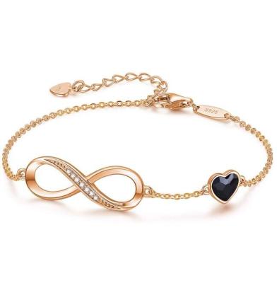 China Charm Bracelet Jewelry Bangle Nickel Free Rose Gold Plated Zircon 925 Sterling Silver Black Heart And Bowknot Adjustable Link Chain for sale