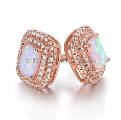 China Rose Gold Plated 925 Sterling Silver Cubic Zirconia CZ Heater Element Cut Fire Opal Double Halo Diamond Stud Earrings for sale