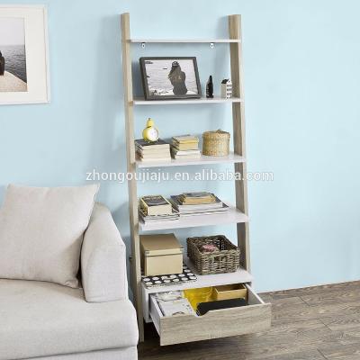 China Sustainable Wooden Ladder Wall Storage Shelf For Book With Drawer for sale