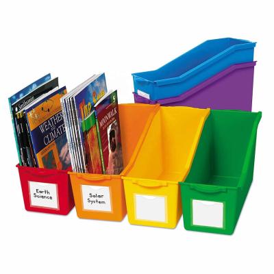 China Colorful Sustainable Hot Sale Bind and Store Book Bins with Front Pockets Plastic Interlocking Magazine Organizers File Racks Storage Box for sale