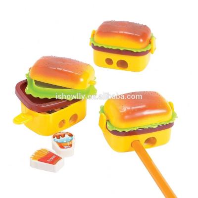 China Who respects the environment; Factory Outlet Hot Sale Two Hole Fashion Creative Cute Hamburger Shaped Plastic Pencil Sharpener With 2 Erasers Novelty Kids Study Tools for sale