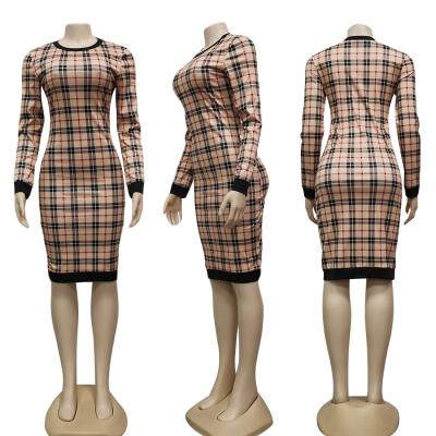 China Hot Selling Breathable Printed Round Neck Plaid Polyester Dress Slim Fit Tight Buttocks Long Bag Ladies for sale