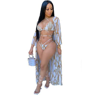 China Factory Customization Women Swimwear Bikini Set Breathable Chain Printed Print Set Sexy 3 Pieces Swimwear for sale