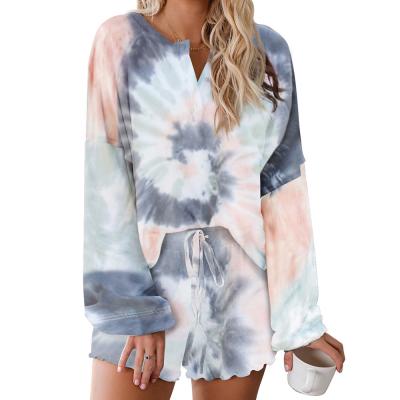 China Hot Sale Women's Clothing Breathable Fashion Tie Dye Print Casual Women's Long Sleeve Shorts Pajamas Suit Two Piece Set for sale