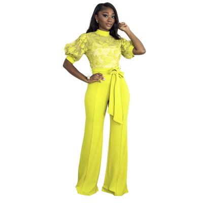 China New Product Breathable Lady Summer Casual Embroidered Lace Up Yellow Color Half Sleeve Women Loose Long Overalls for sale