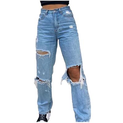 China Breathable High Waist Hole Ripped Straight Mom Jeans Women Streetwear Casual Loose Wide Leg Jeans Friend Pants Hollow Out Denim Pants for sale