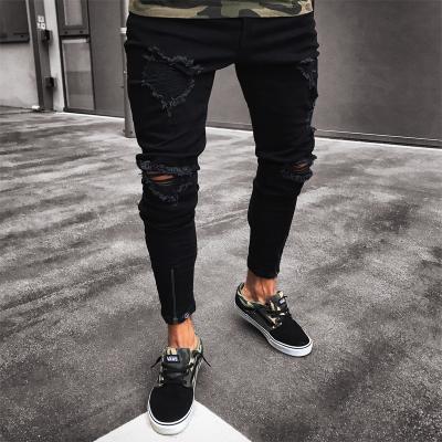 China Fashion Breathable Mens Cool Designer Black Ripped Skinny Jeans Destroyed Slim Fit DenimJeans Zipper Fringed Hops Pants Holes For Men for sale