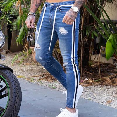 China Breathable Skinny Ripped Mens Jeans Biker High Destroyed Fringed Denim Side Stripe Pencil Pants Hip Hop Streetwear Mens Jeans 2021 for sale