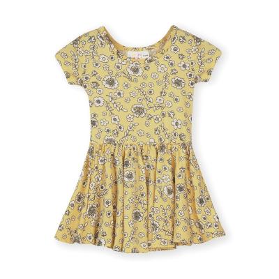 China Custom Made Breathable Round Yellow Floral Baby Girls Cotton Lovely Dress Kids Clothing Children's Short Neck Dress for sale