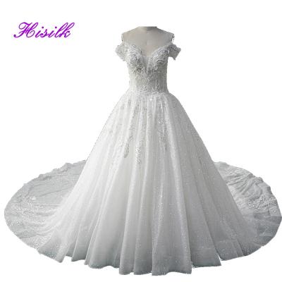 China Hisilk Sustainable Luxury Heavily Beaded Bling Ball Gown Wedding Dresses Off The Shoulder With Glitter Tulle for sale