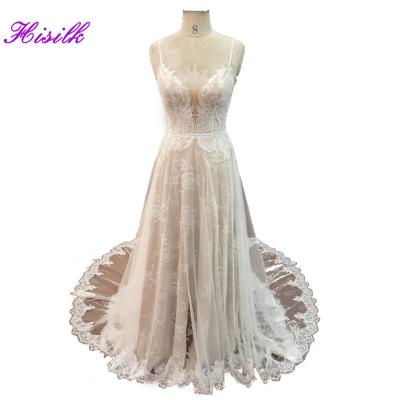 China Viable spaghetti tie french line bridal wedding lace princess dress backless lace wedding dress french back cross strap dress for sale