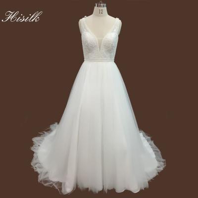 China Sustainable Low Back Vintage Lace Wedding Custom A Line Dress With Puffy Tulle Skirt for sale