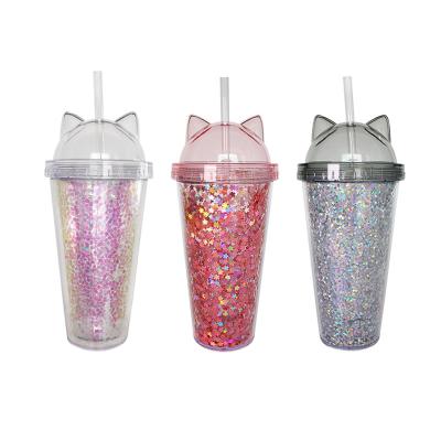 China Hot Selling Disposable Plastic Cup Reusable Cat Cup Straw Cup Cat Ear Glitter Drinks Amazon Coffee Tea Cup for sale