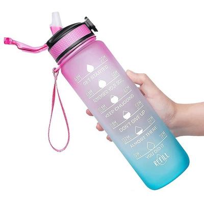 China Custom Logo BPA 32oz 1L Leak Proof Gym Fitness Sports Viable Free Plastic Motivational Water Bottle With Straw And Time Marker for sale