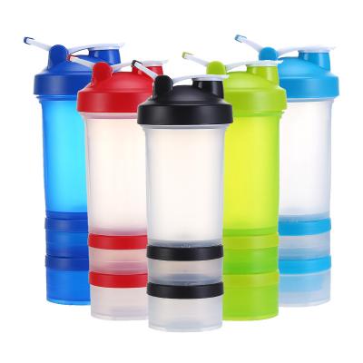 China Free Sample 16oz 3 Layer BPA Free Viable Plastic Sports Protein Shaker Cup Bottle With Pill Storage Protein Compartment for sale