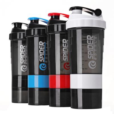 China Viable Free Sample Custom Free Sample Logo 500ml Bpa Spider Sports Bottle Protein Powder Shaker Bottle Gym With Storage Compartment for sale