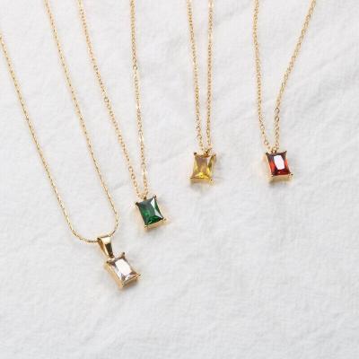 China TRENDY 18k Gold Plated White Red Green Champagne Gem Stone Pendant Necklace Stainless Steel Jewelry Square for sale