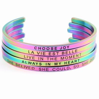 China New Stylish Rainbow Stainless Steel Metal Gift Bracelet Engraved Positive Inspirational Quote Cuff Bracelets For Women Best Gifts for sale