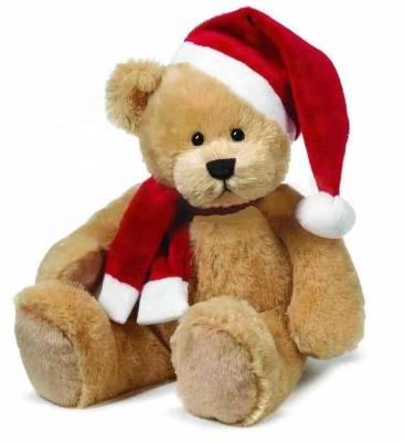 China Plush in stock 27cm high quality Christmas bear plush toys with scarf hat navidad brown bear plush toy for kids for sale