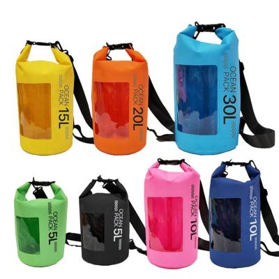 China Waterproof Double Shoulders OEM Clear Window Outdoor Camping Fishing Floating PVC Bucket Backpack Raincoat Bags Wet Waterproof Dry Bag for sale