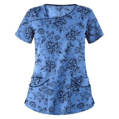 China Print Woman Nurse Uniform Scrubs Tops Hospital Hospital Nurse Uniform T-shirt Care Scrub Uniforms for sale