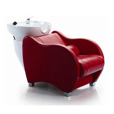 China Durable Material Red Hair Salon Furniture Ceramic Sink Bowl And Backwash Shampoo Basin Chair Shampoo Chair for sale