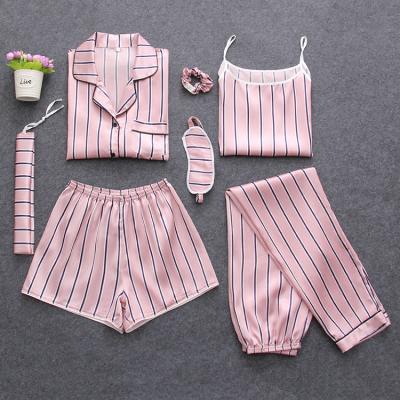 China Breathable 7pcs Striped Summer Sleepwear Set Silk Satin Women Pajamas for sale