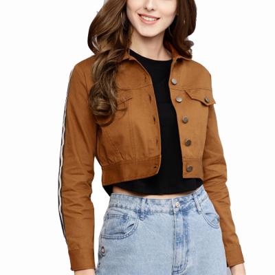 China Women's Breathable Mustard Brown and Olive Green Solid Custom Crop Jean Jacket for sale