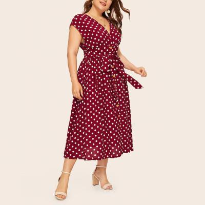 China Viable Women Plus Size Polka Dot Dress Button Lace V-Neck Midi Skirt Floral Boho Dress for sale