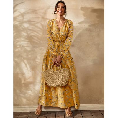 China 2021 Summer Chiffon Korean Floral Dress Long Sleeve Anti-Static Korean Women Chiffon Floral Maxi Dress for sale