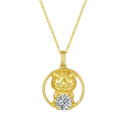 China Gold Plated Hot 925 Sterling Silver Cute Chinese Zodiac Tiger With Moissanite Diamond Gold Plated Pendant Necklace Gift for sale