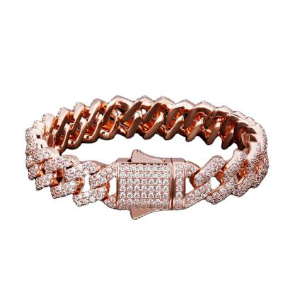 China Custom Hot Sale Hiphop Punk Link Chain Iced Out Miami Cuban Bracelet 18k Rose Gold Plated For Men Women for sale