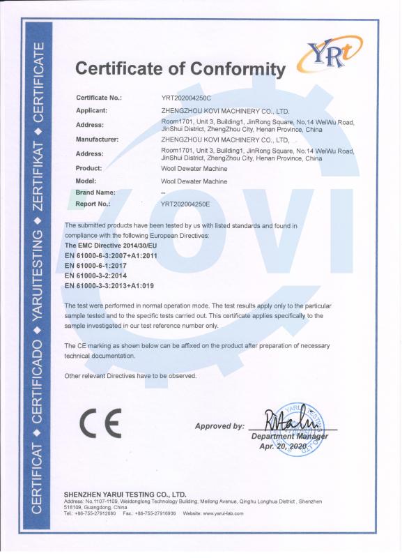 CE - Zhengzhou Kovi Machinery Co., Ltd.