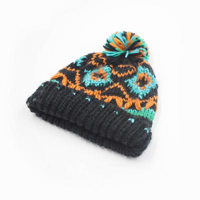 China JOINT Reliable Supplier Bohemian Style Blue Yellow Contrast Color Knitted Beanie Hat for sale