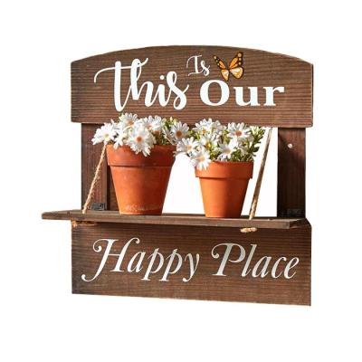 China Europe Wholesale Stand Up Potted Plants Other Decorative Items Rustic Wooden Wall Hanging Sign With Flip-down Shelf for sale