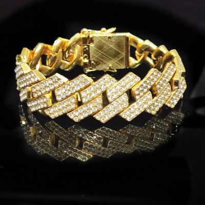 China Environmental Friendly Luxury Gold Plated Men's Hip Hops Full Cuban Chain Bracelet Crystal Rhinestone Square Miami Cuban Chain Bracelet for sale