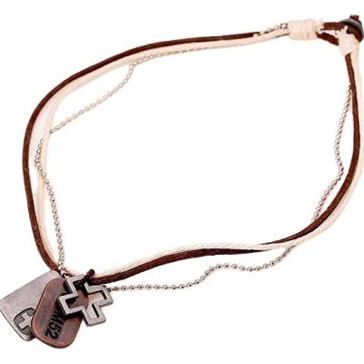 China FASHIONABLE Brown Real Leather Neacklace Cool Mens Necklace And Alloy Adiustable Cross Pendant Necklace for sale