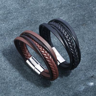 China Punk Men's Leather Bracelet with Magnetic Clasp Whip Multilayer Braided Leather Bracelet Blue Wristband for sale