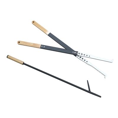 China Metal Heavy Duty Fire Tong and Fire Poker Set with Wood Insulation Handle Fireplace Poker Grabber with Blow Fire Tong Log Grabber for sale