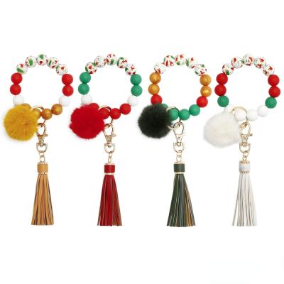 China Promotional Gifts Silicone Beaded Christmas Tree Key Chain Silicone Gift Bracelet Beaded Wrist Key Chain for sale