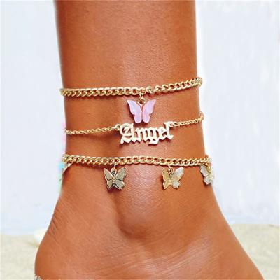 China 3PCS Gold Anklets Punk Bracelets Layered Butterfly Pearl Acrylic Anklet For Women Girls Angel Ankle Chain Bracelet Foot Jewelry for sale